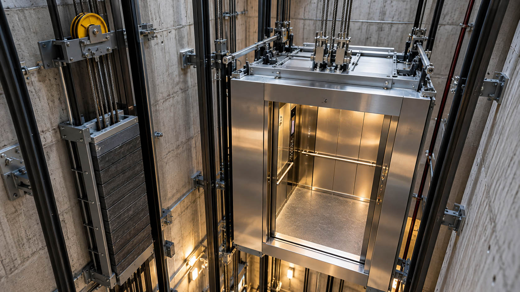 lift, kabina lifta, motor lifta, protivteg, čelična užad, pogonska remenica, sigurnosni sistem, senzori, vođice