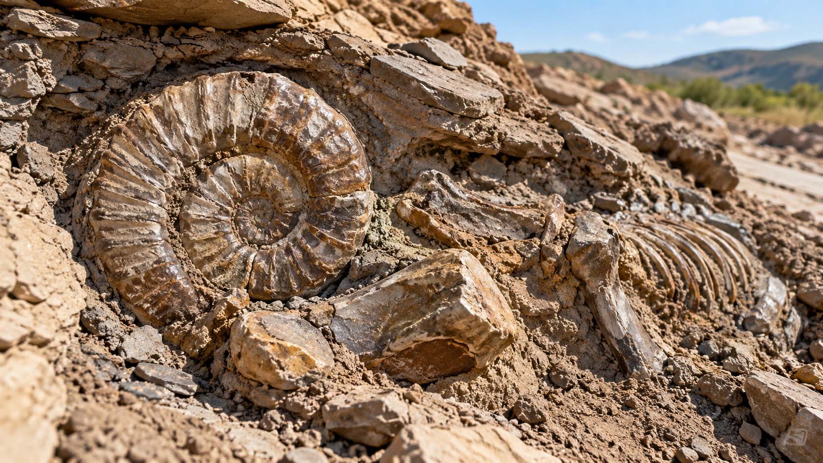 fosil, fosilizacija, sediment, minerali, ostaci organizma, sedimentna stena, otisci, erozija, geološki slojevi