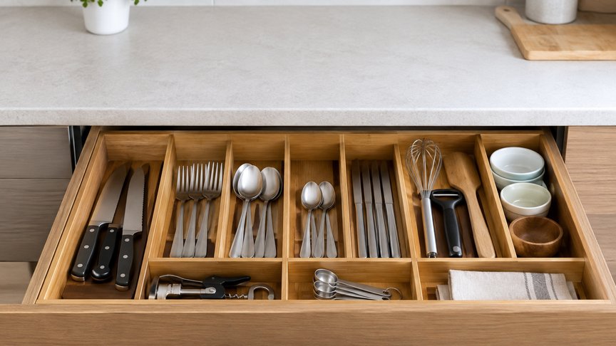 organizator za fioke, kuhinjska fioka, pregrade, organizacija kuhinje, materijal, čišćenje, kulijana, kulijanars