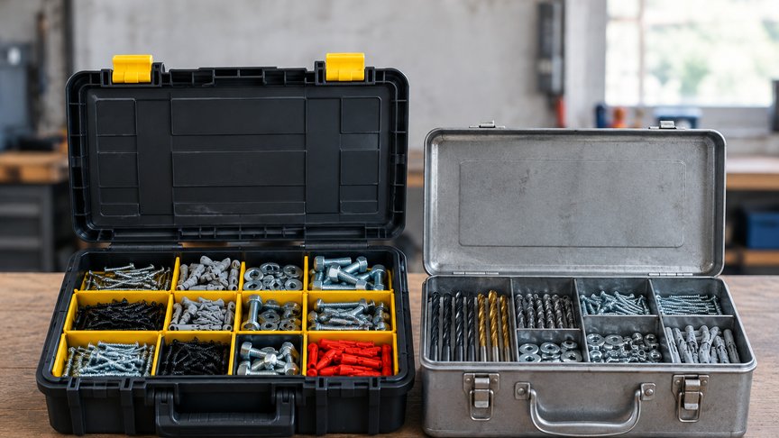 plastična kutija za alat, metalna kutija za alat, sitni delovi, pregrade, trajnost, održavanje, kulijana, kulijanars
